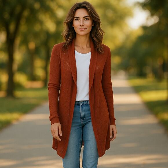 Eddie Bauer Rust Open Knit Crochet Linen Sweater - Picture 1 of 9